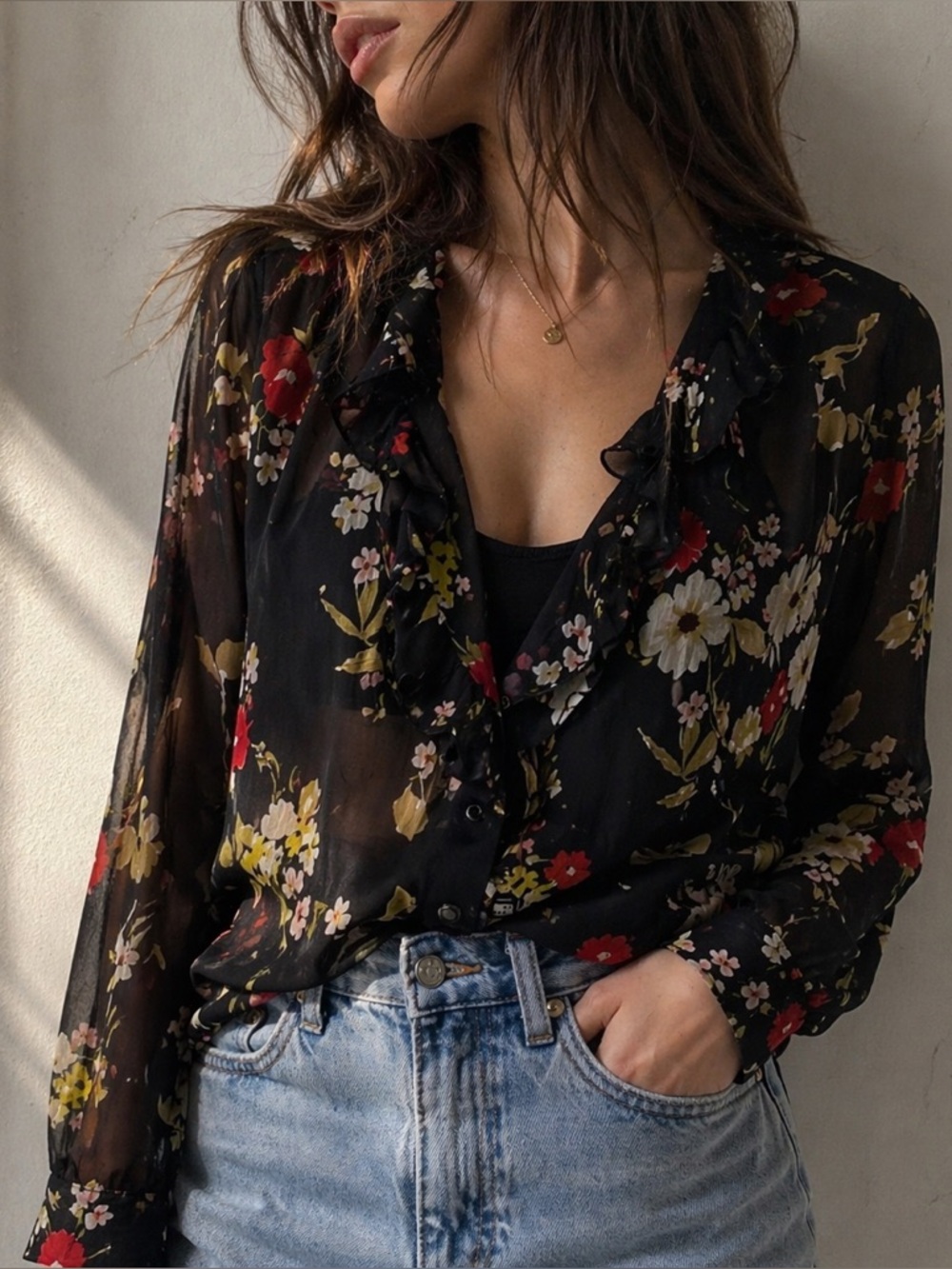 Emanuel Ungaro Black Floral Sheer Ruffle Blouse Size 14 Dark Academia Romantic